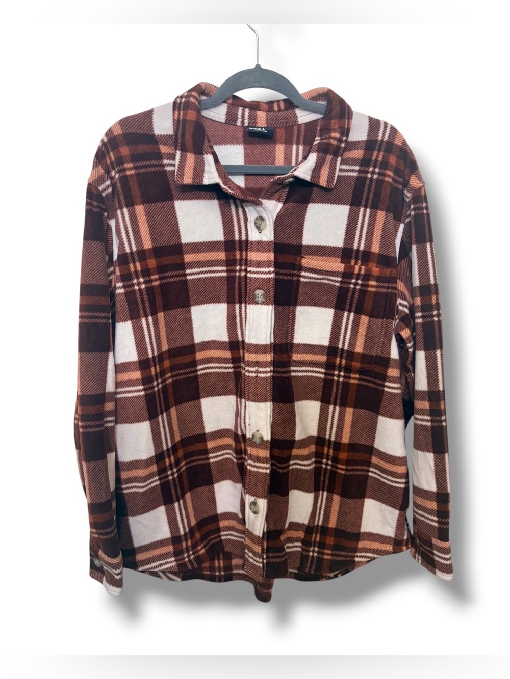 Eddie Bauer XL Shirt Jacket Has Pockets Brown Cream Plaid Button-Down Oversized